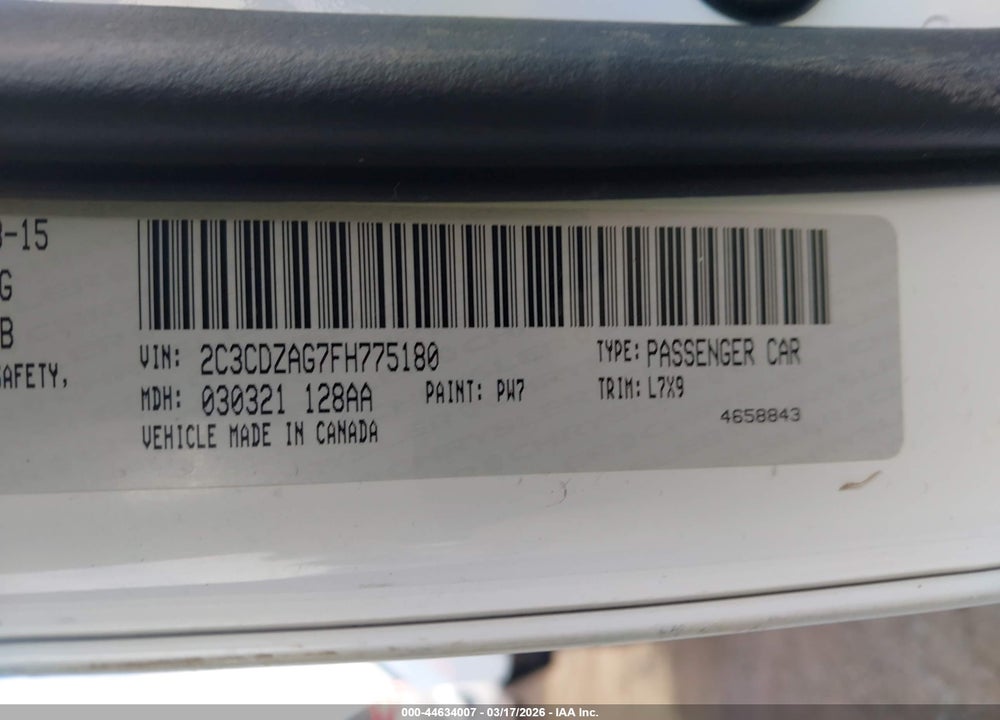 2015 DODGE CHALLENGER SXT VIN: 2C3CDZAG7FH775180