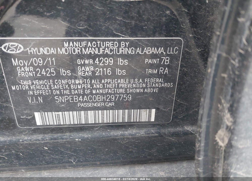 2011 HYUNDAI SONATA GLS VIN: 5NPEB4AC0BH297759