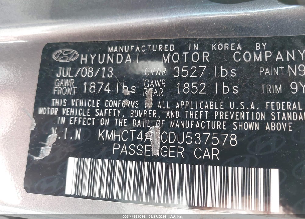 2013 HYUNDAI ACCENT GLS VIN: KMHCT4AE0DU537578