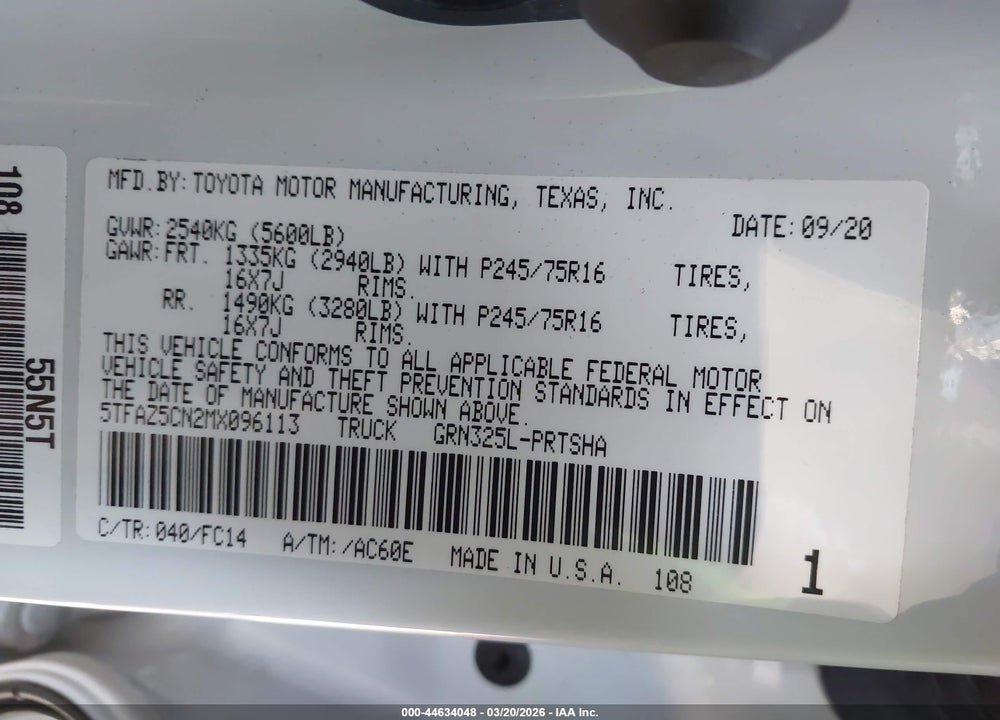 2021 TOYOTA TACOMA SR5 V6 VIN: 5TFAZ5CN2MX096113