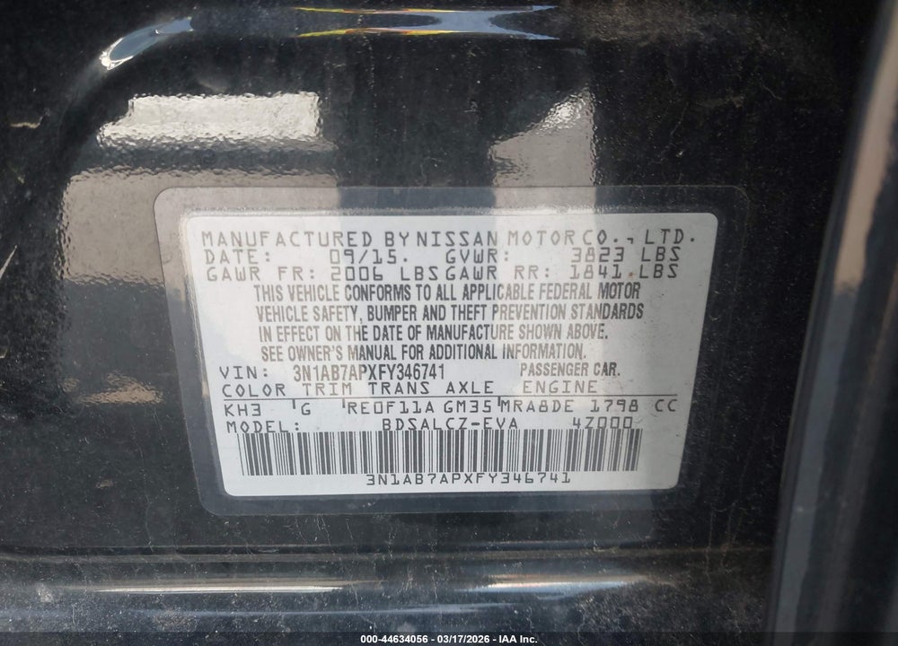 2015 NISSAN SENTRA S VIN: 3N1AB7APXFY346741