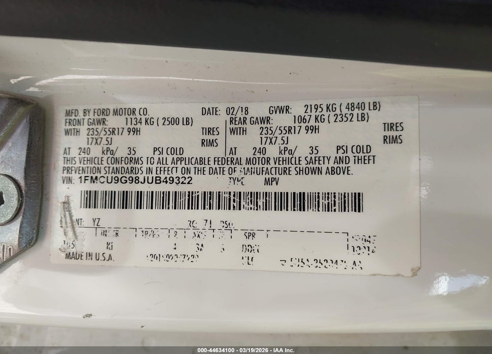 2018 FORD ESCAPE SE VIN: 1FMCU9G98JUB49322