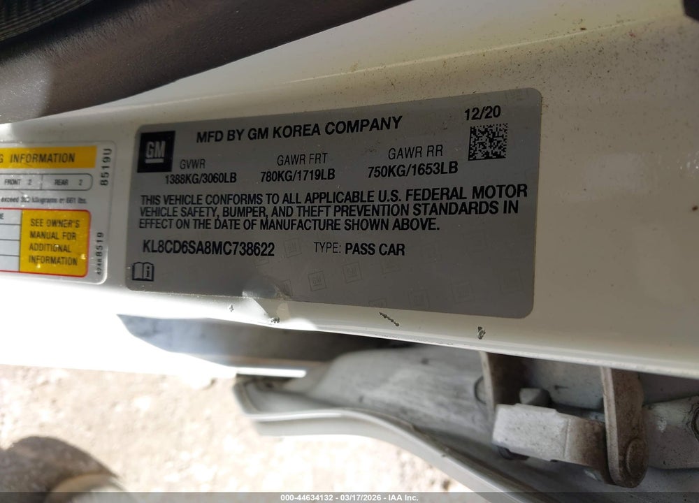 2021 CHEVROLET SPARK FWD 1LT AUTOMATIC VIN: KL8CD6SA8MC738622