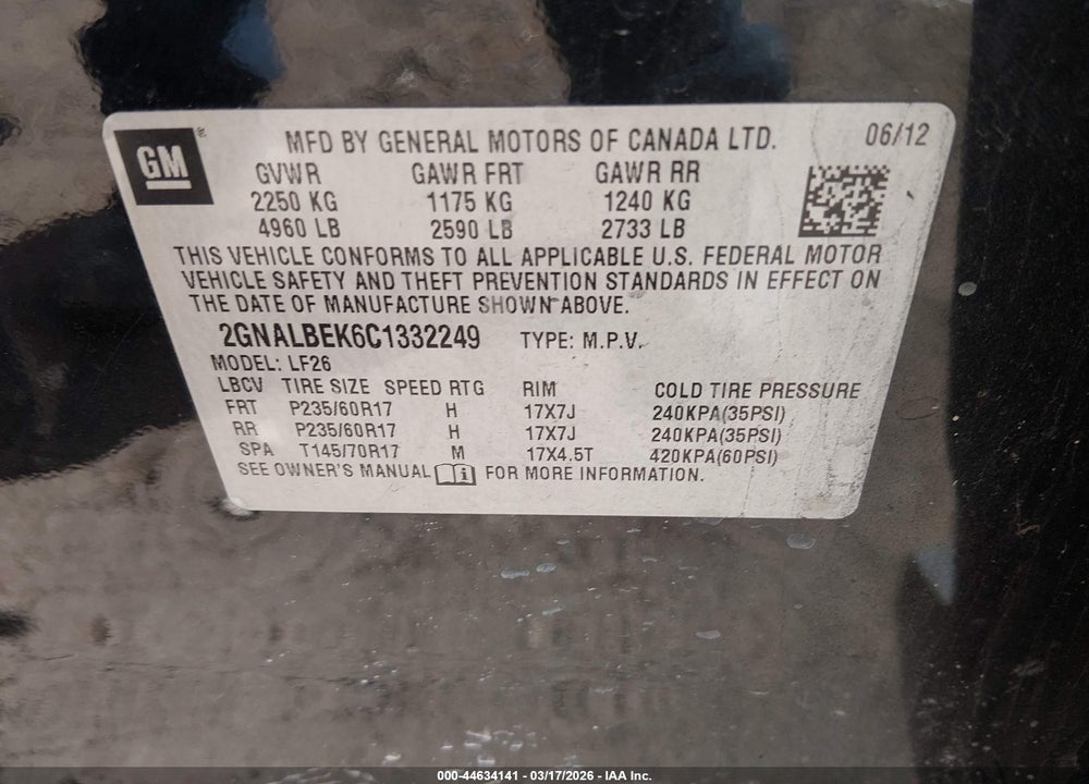 2012 CHEVROLET EQUINOX LS VIN: 2GNALBEK6C1332249
