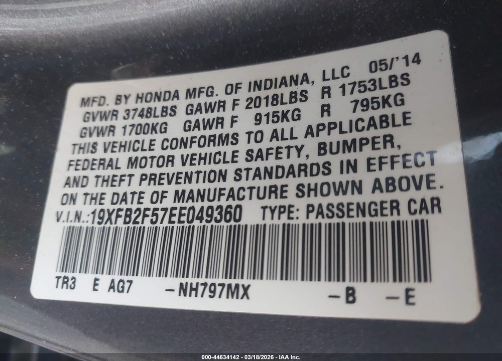 2014 HONDA CIVIC LX VIN: 19XFB2F57EE049360