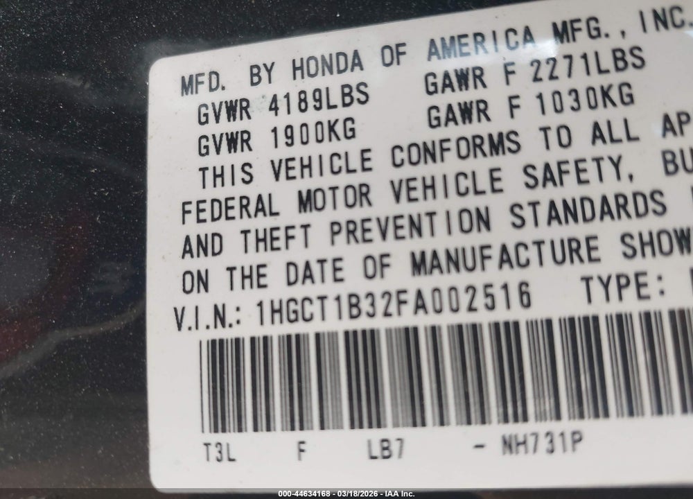 2015 HONDA ACCORD LX VIN: 1HGCT1B32FA002516