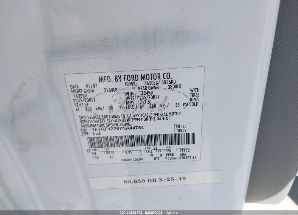 2007 FORD F-150 STX/XL/XLT VIN: 1FTRF12267NA44754