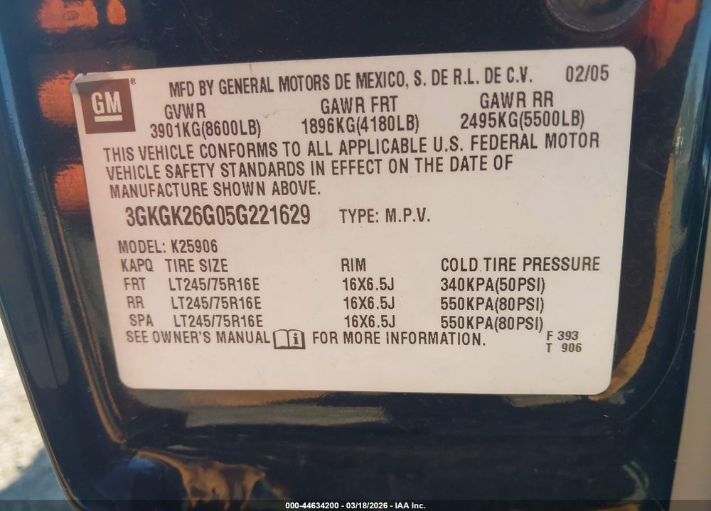 2005 GMC YUKON XL 2500 SLT VIN: 3GKGK26G05G221629