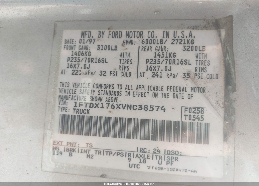 1997 FORD F-150 LARIAT/STANDARD/XL/XLT VIN: 1FTDX176XVNC38574