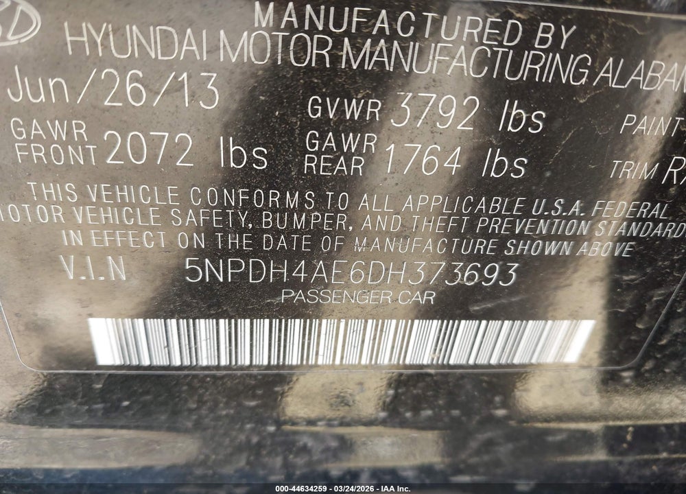 2013 HYUNDAI ELANTRA GLS VIN: 5NPDH4AE6DH373693