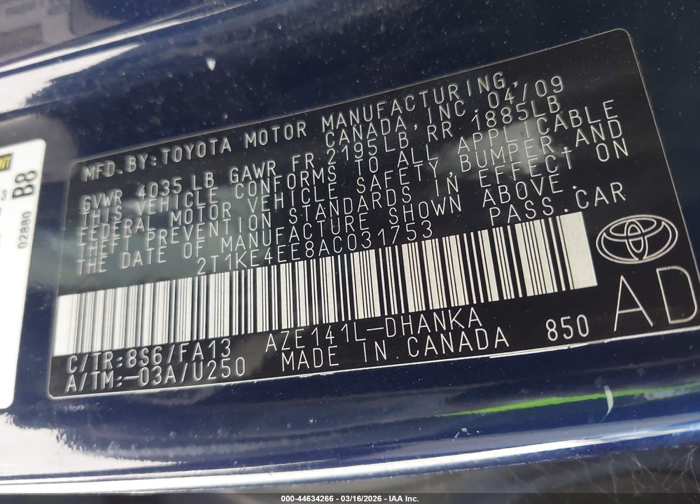 2010 TOYOTA MATRIX S VIN: 2T1KE4EE8AC031753