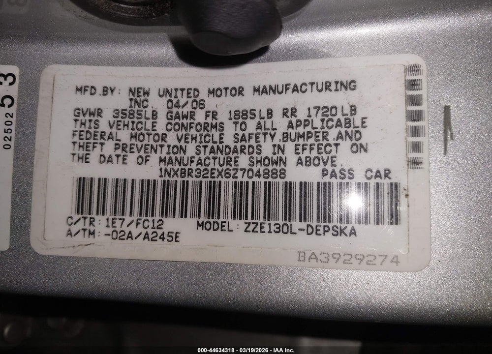 2006 TOYOTA COROLLA S VIN: 1NXBR32EX6Z704888