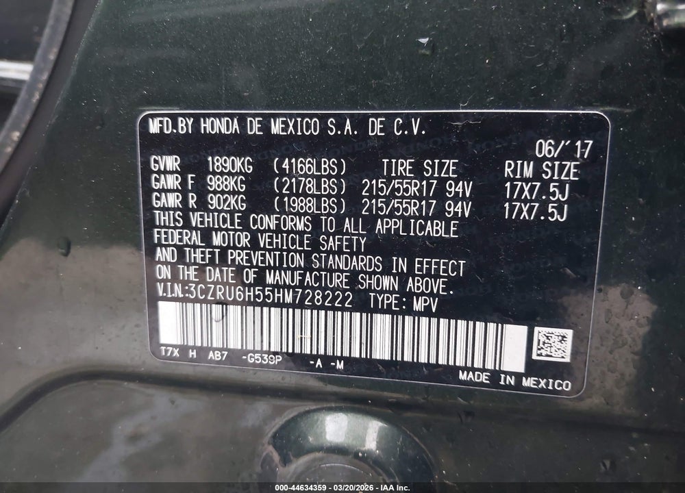 2017 HONDA HR-V EX VIN: 3CZRU6H55HM728222