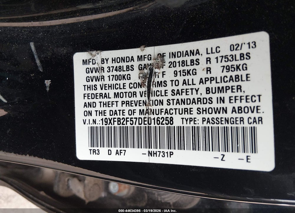 2013 HONDA CIVIC LX VIN: 19XFB2F57DE016258