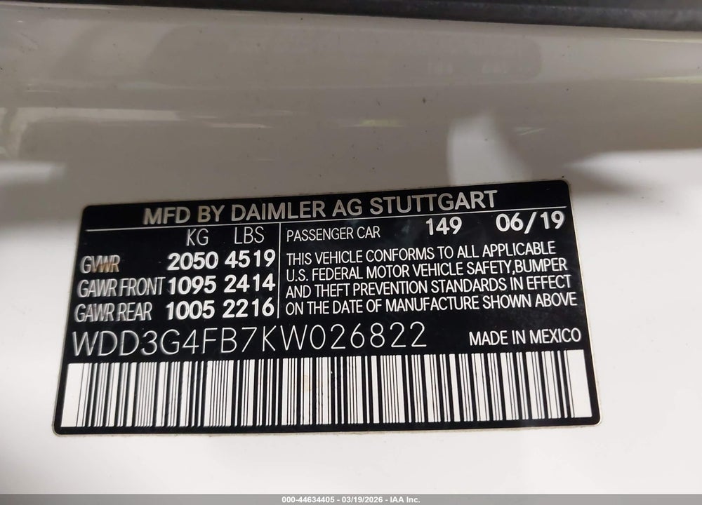 2019 MERCEDES-BENZ A 220 4MATIC VIN: WDD3G4FB7KW026822
