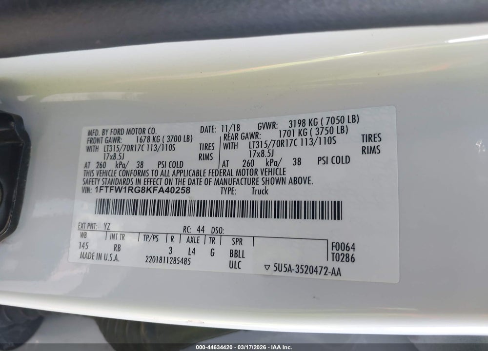 2019 FORD F-150 RAPTOR VIN: 1FTFW1RG8KFA40258