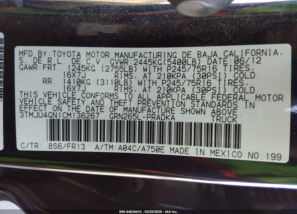 2012 TOYOTA TACOMA PRERUNNER V6 VIN: 3TMJU4GN1CM136267