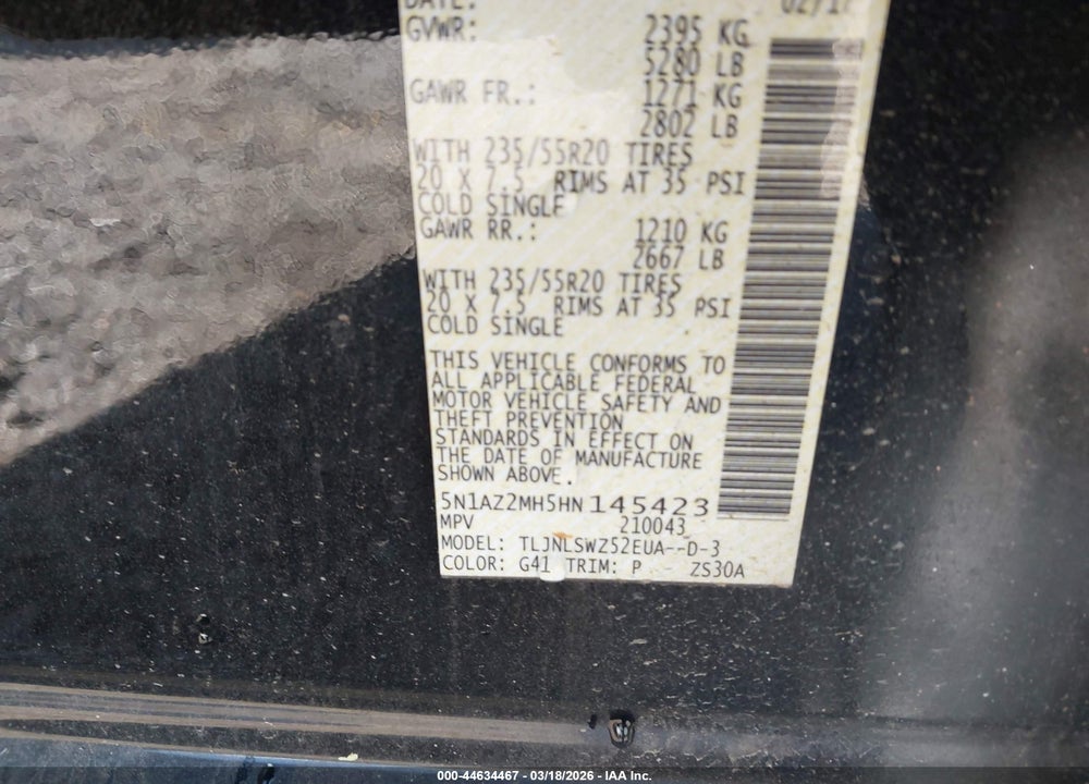 2017 NISSAN MURANO S VIN: 5N1AZ2MH5HN145423