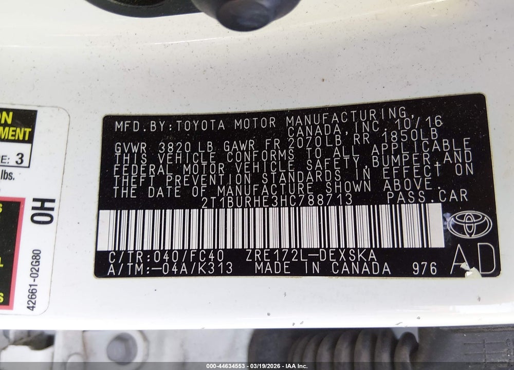 2017 TOYOTA COROLLA SE VIN: 2T1BURHE3HC788713