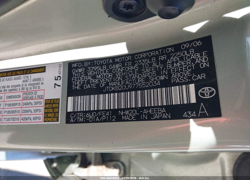 2007 TOYOTA PRIUS VIN: JTDKB20U977552034
