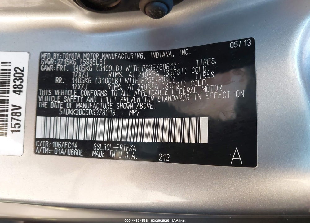 2013 TOYOTA SIENNA LE V6 8 PASSENGER VIN: 5TDKK3DC5DS378018