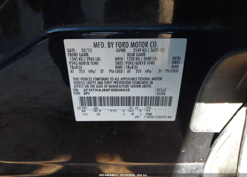 2015 FORD EDGE SEL VIN: 2FMTK4J89FBB09935