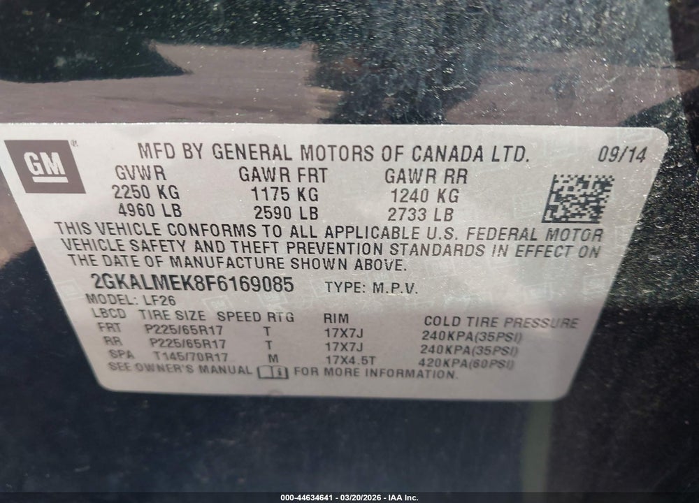 2015 GMC TERRAIN SLE-1 VIN: 2GKALMEK8F6169085
