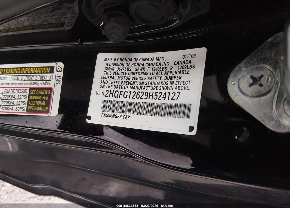 2009 HONDA CIVIC LX VIN: 2HGFG12629H524127