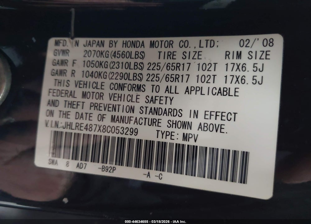 2008 HONDA CR-V EX-L VIN: JHLRE487X8C053299