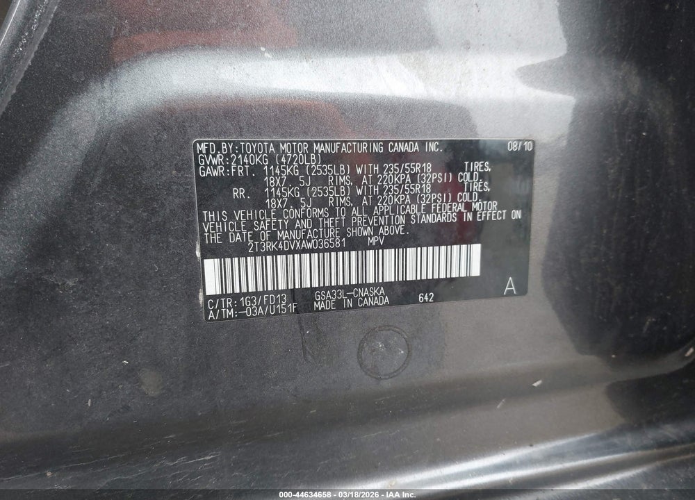 2010 TOYOTA RAV4 SPORT V6 VIN: 2T3RK4DVXAW036581