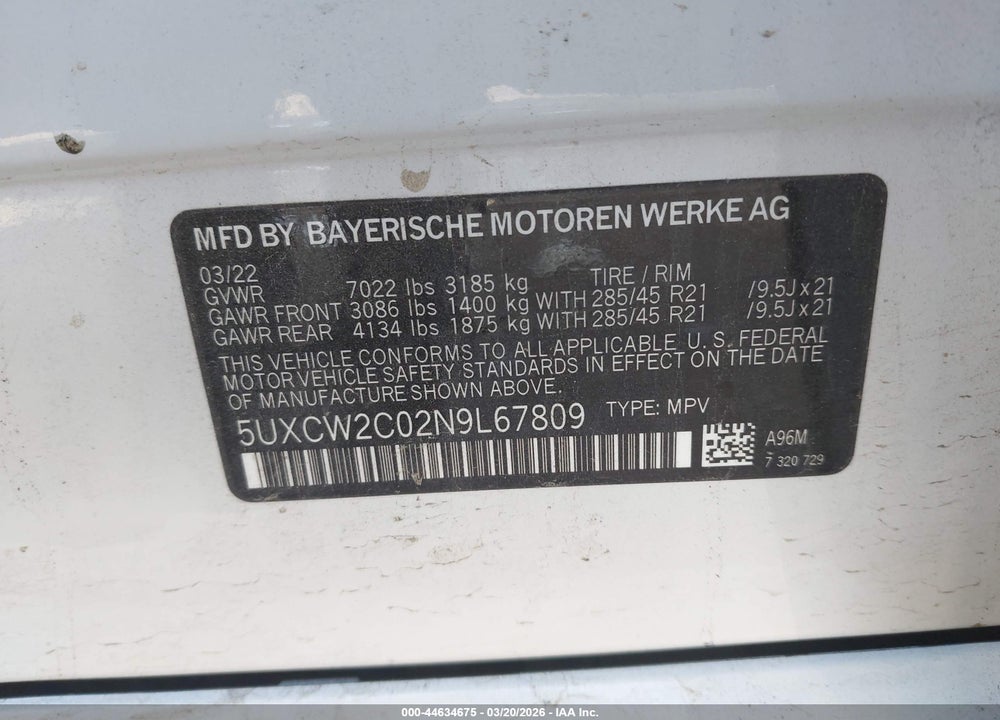 2022 BMW X7 XDRIVE40I VIN: 5UXCW2C02N9L67809