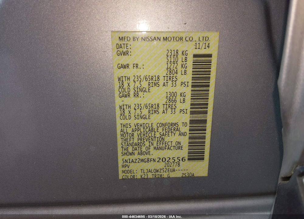 2015 NISSAN MURANO PLATINUM/S/SL/SV VIN: 5N1AZ2MG8FN202556
