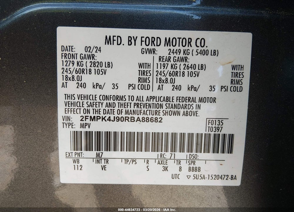 2024 FORD EDGE SEL VIN: 2FMPK4J90RBA88682