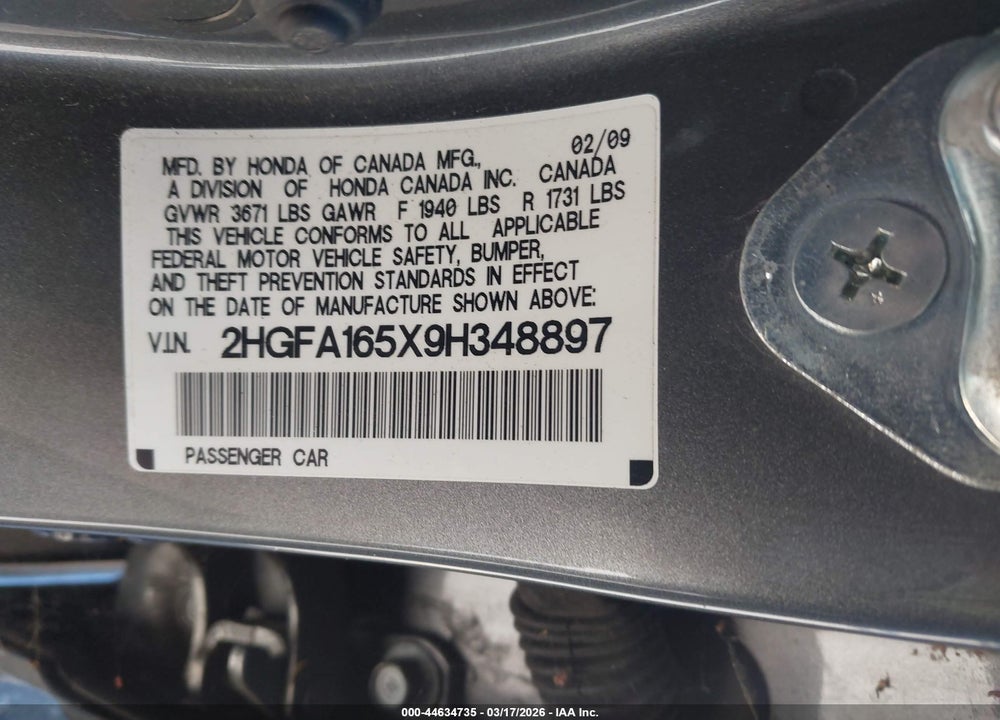 2009 HONDA CIVIC LX VIN: 2HGFA165X9H348897