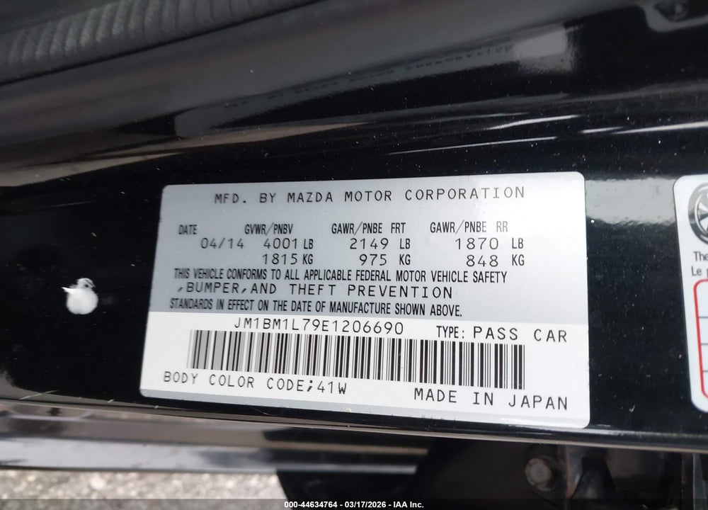 2014 MAZDA 3 I TOURING VIN: JM1BM1L79E1206690