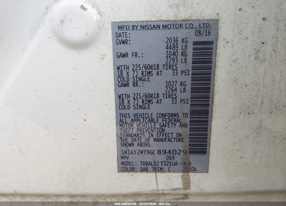 2016 NISSAN ROGUE SL VIN: 5N1AT2MT9GC894029