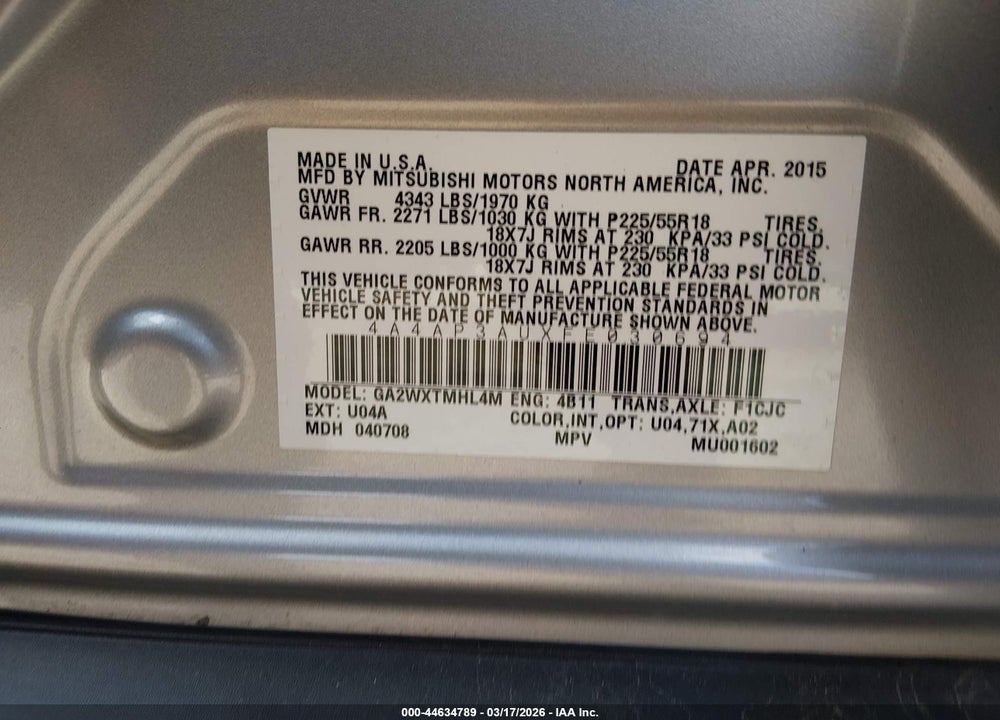 2015 MITSUBISHI OUTLANDER SPORT ES VIN: 4A4AP3AUXFE030694
