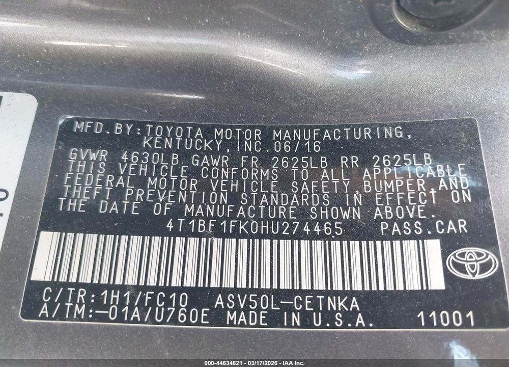 2017 TOYOTA CAMRY LE VIN: 4T1BF1FK0HU274465