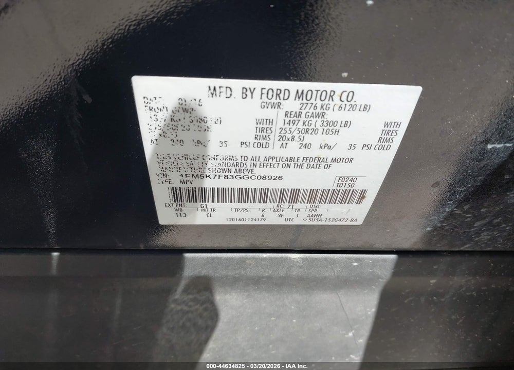 2016 FORD EXPLORER LIMITED VIN: 1FM5K7F83GGC08926