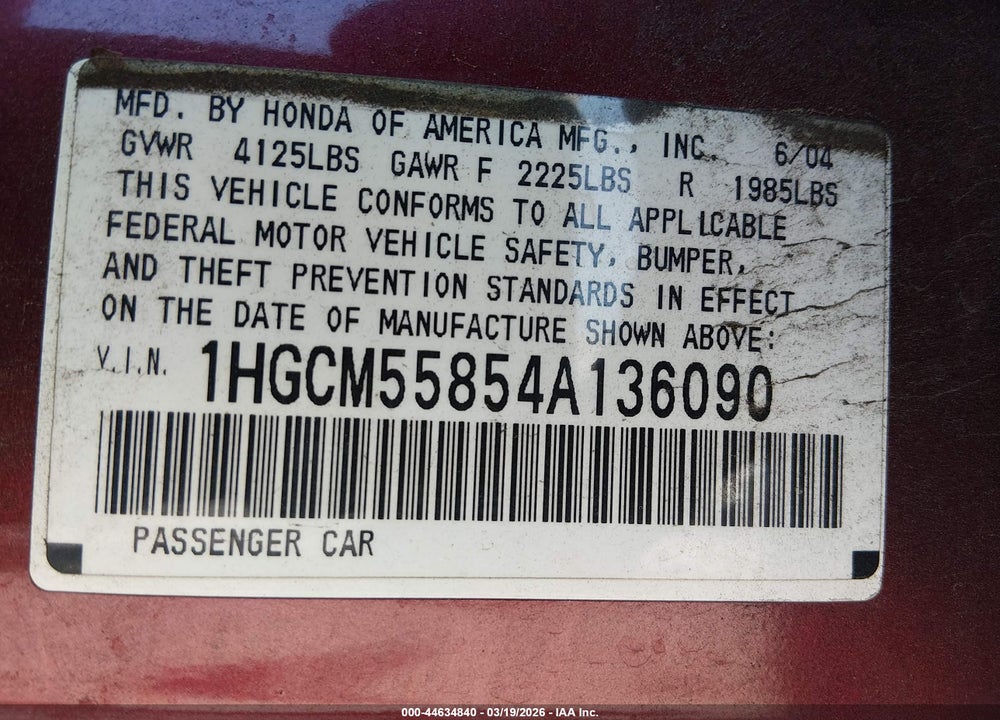 2004 HONDA ACCORD 2.4 EX VIN: 1HGCM55854A136090