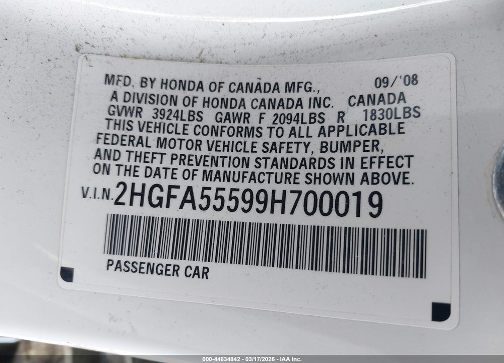 2009 HONDA CIVIC SI VIN: 2HGFA55599H700019