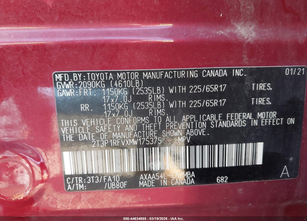 2021 TOYOTA RAV4 XLE VIN: 2T3P1RFVXMW175375