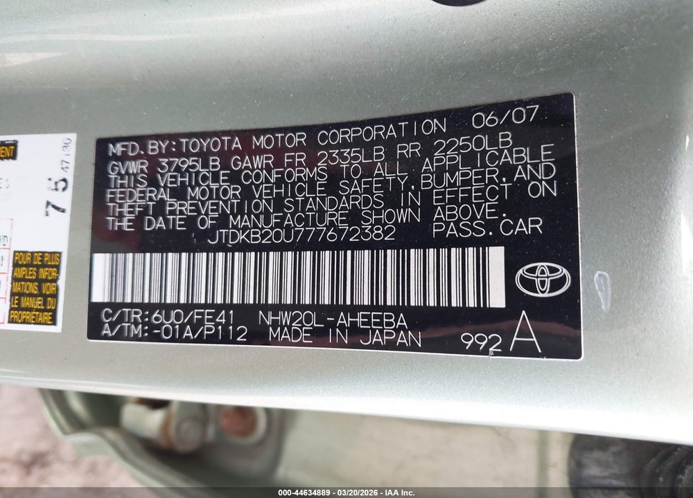 2007 TOYOTA PRIUS VIN: JTDKB20U777672382