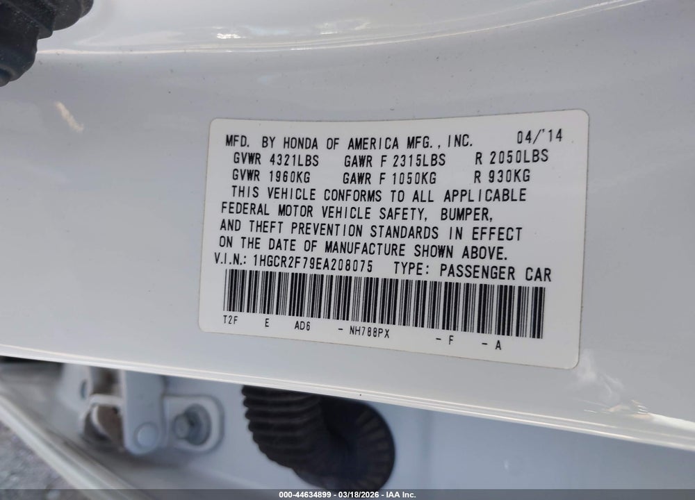 2014 HONDA ACCORD EX VIN: 1HGCR2F79EA208075