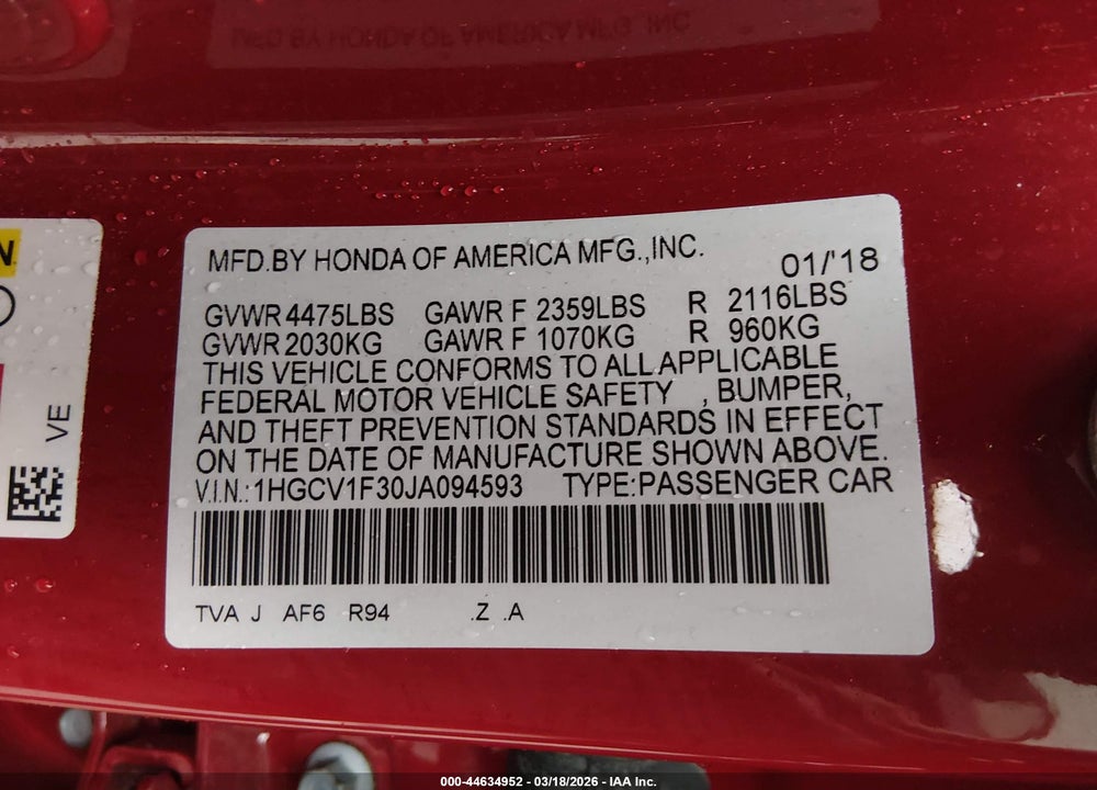 2018 HONDA ACCORD SPORT VIN: 1HGCV1F30JA094593