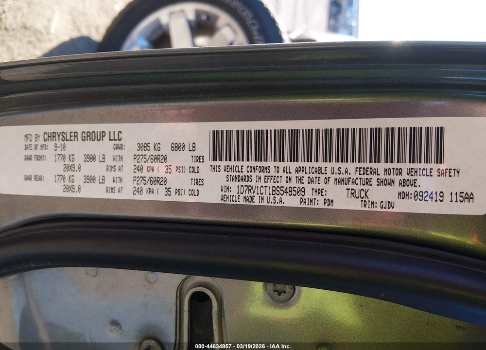 2011 RAM 1500 LAIE VIN: 1D7RV1CT1BS548509