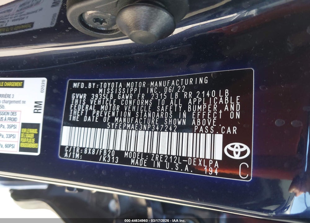 2022 TOYOTA COROLLA LE VIN: 5YFEPMAE3NP347242