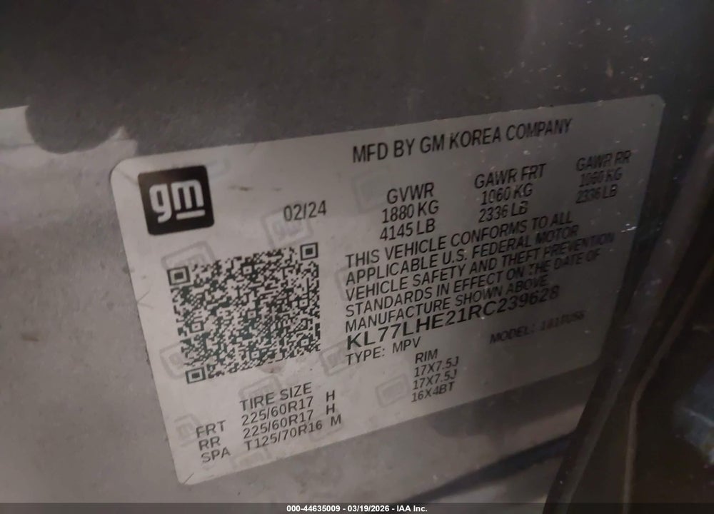 2024 CHEVROLET TRAX FWD LT VIN: KL77LHE21RC239628