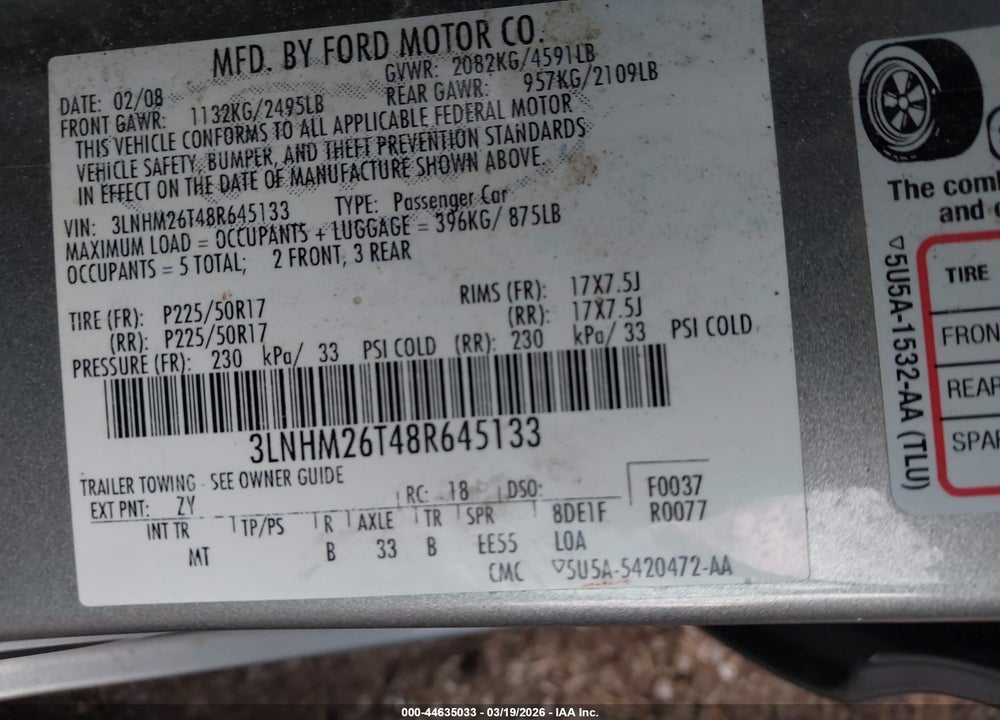 2008 LINCOLN MKZ VIN: 3LNHM26T48R645133