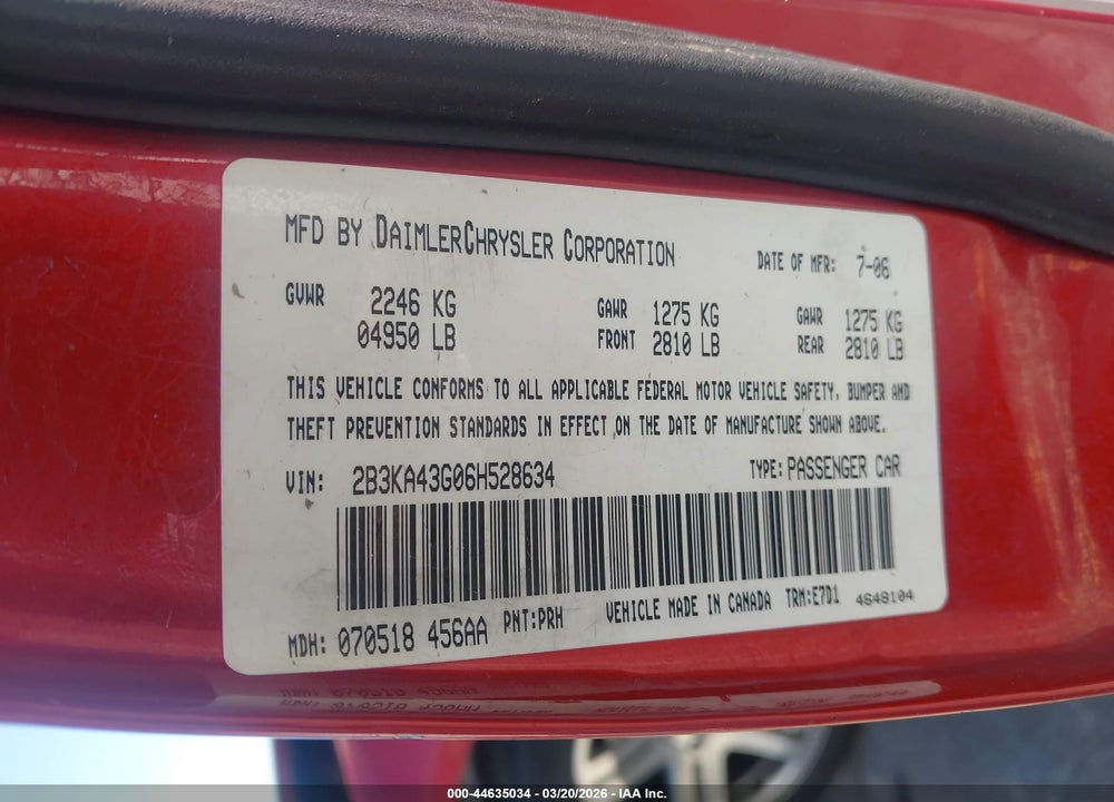 2006 DODGE CHARGER VIN: 2B3KA43G06H528634